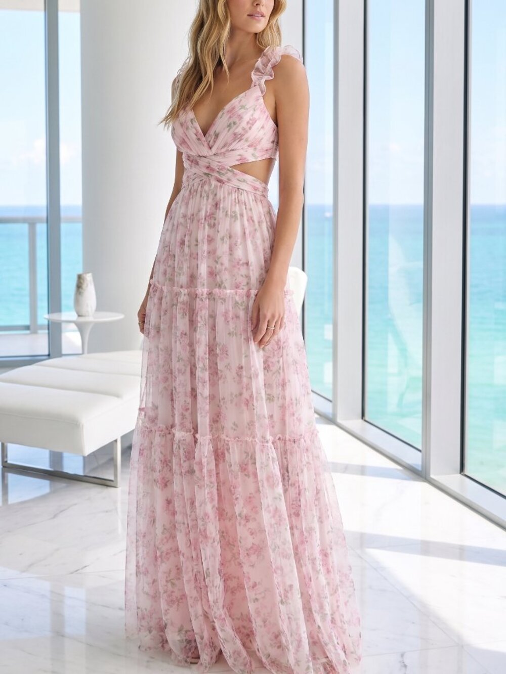 NWT LULUS Ethereal Love blush floral cut out maxi dress tie back XL